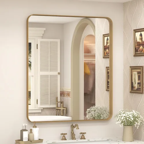 Vista 128 de Paquete de 2 espejos de baño con marco de metal negro de 22 x 30 pulgadas, espejo rectangular redondeado negro mate, antioxidante, se cuelga