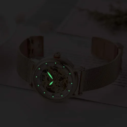 Vista 5 de RORIOS Reloj mecánico automático de las mujeres Auto-Winding Esqueleto Dial Correa de acero inoxidable Señoras Relojes de pulsera