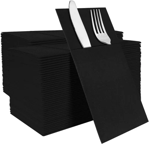 Vista 18 de Servilletas negras desechables con sensación de lino con bolsillo integrado para cubiertos, preplegadas para cuchillos y tenedores, servilletas