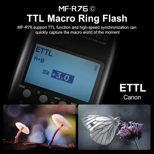 Vista 4 de GODOX Macro Ring Flash para Canon MF-R76C TTL/M Modo CCT 5900K 76Ws 2.4G Control inalámbrico 550 Flashes de potencia completa 0.1-1s Tiempo