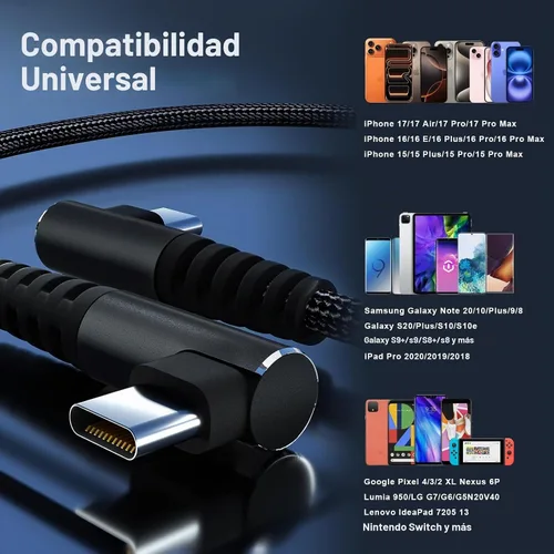 Vista 2 de Cable USB C a USB C de 100 W, 1 pie de 90 grados, nailon trenzado de carga