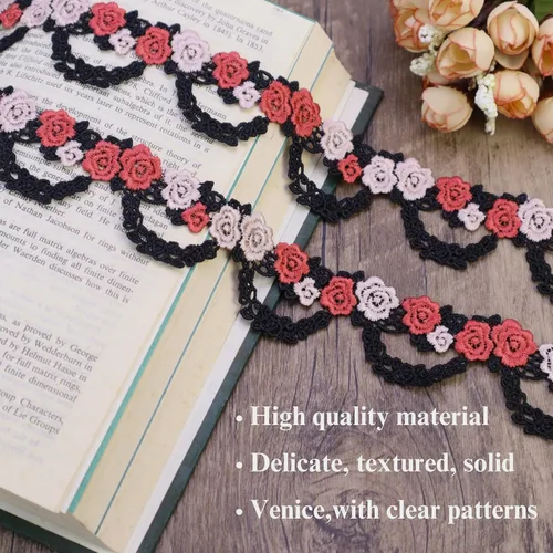 Vista 4 de Cinta de encaje bordada con flores negras para coser manualidades, boda, 3.5 yardas