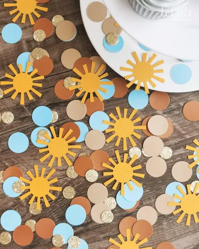 Vista 5 de Sun Confetti Golden Brown Blue 1st Boys Birthday Supplies 150 Pcs Here Comes The Son Decor Baby Shower Boys Glitter Decoración de mesa Primero