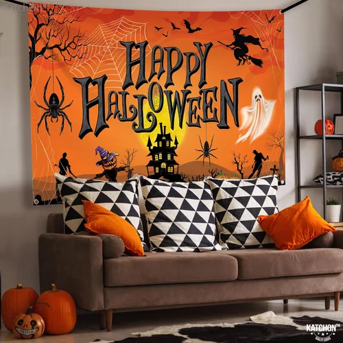 Vista 2 de KatchOn Cartel naranja de feliz Halloween, extra grande de 72 x 44 pulgadas, telón de fondo de calabaza para decoraciones de fiesta y fotografía