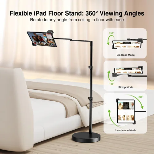 Vista 5 de elitehood Soporte de suelo para iPad de diseño diagonal con base resistente, soporte horizontal de 24 pulgadas de brazo largo para cama reclinable