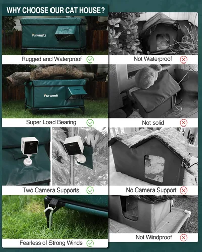 Vista 6 de Casa para gatos con calefacción al aire libre en invierno, extremadamente aislada y resistente a la intemperie, refugio elevado para gatos ferales
