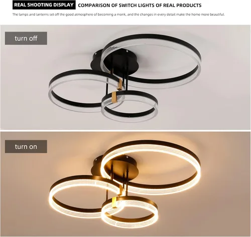 Vista 8 de Lámpara de techo moderna, 3 anillos LED negros cerca del techo, lámpara de techo acrílica regulable de 56 W, lámpara de techo para sala de estar