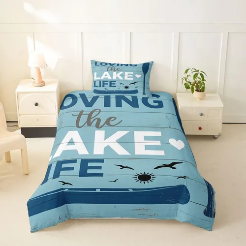 Vista 8 de Erosebridal Lake House Twin Bed Set for Boys Girls Kids, Blue and Beige Lakehouse 2Pcs Duvet Cover with Zipper, Rustic Farmhouse Bedding Sets