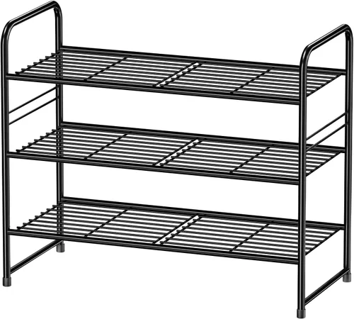 Vista 8 de Zapatero simple de 2 niveles y 27 pulgadas de ancho, estante organizador de zapatos de metal resistente para entrada, puerta delantera, color negro