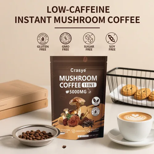 Vista 8 de Café orgánico de hongos con bajo contenido de cafeína, 11 superalimentos, café instantáneo con ashwagandha, shilajit, melena de león, reishi, chaga
