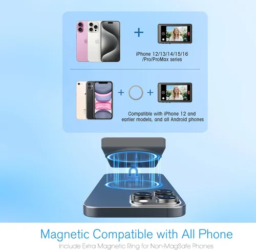 Vista 7 de Vlog - Pantalla de monitor para selfie para iPhone, grabación 4K a 60 fps, espejo de pantalla inalámbrico con control remoto, fijación magnética