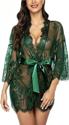 Vista 2 de Pijama de bebé sexy transparente para mujer, lencería con ribete de encaje, ropa interior transparente con bata