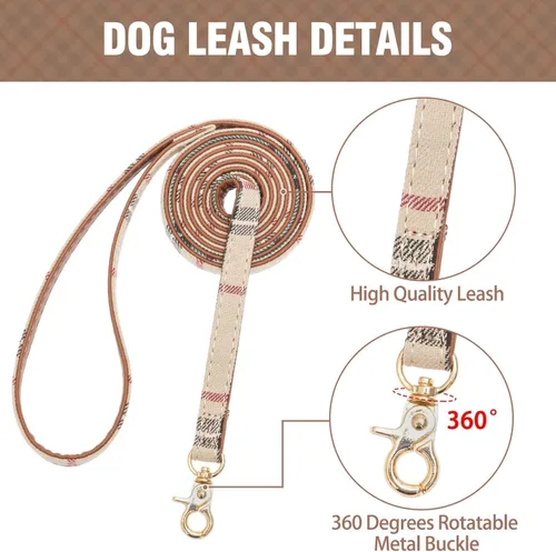 Vista 4 de KOOLTAIL Juego de collar y correa para perro pequeño con corbatín y campanas, lindo collar y correa para cachorros con patrón clásico a cuadros Beige