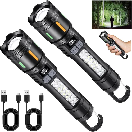 Vista 9 de Linternas LED recargables de alto lúmenes, linterna táctica súper brillante de 3000 lm con luz lateral de mazorca, 5 modos de luz, IPX6 impermeable