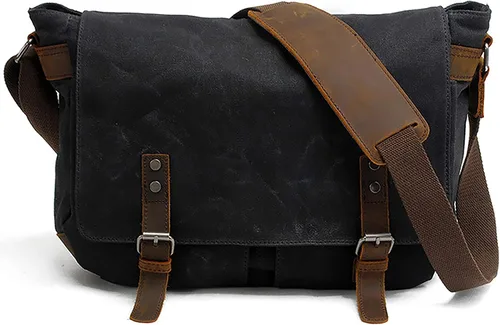 Vista 8 de HuaChen Mens Messenger Bag, Vintage Genuine Leather Waxed Canvas Shoulder Bag for 14" Laptop,Rugged Briefcase Satchel