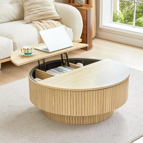 Vista 14 de Mesa de café redonda de 31.5", Mesa de centro moderna con acento acanalado y marco de metal, mesas de café de madera redondas para sala de estar