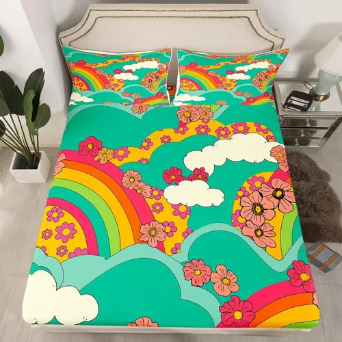 Vista 24 de Juego de ropa de cama con diseño floral bohemio, tamaño individual, diseño retro de flores groovy, 60S y 70S, diseño de flores hippie para niños