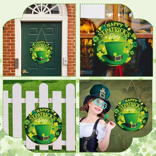 Vista 6 de Ferraycle Letrero de puerta de bienvenida del día de San Patricio, decoración colgante de madera de San Patricio, corona de San Patricio, adorno