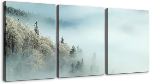 Vista 14 de YONICA Lienzo decorativo de 3 paneles para decoración de oficina en casa, hermoso paisaje con árboles nevados, impresiones en lienzo HD Giclée