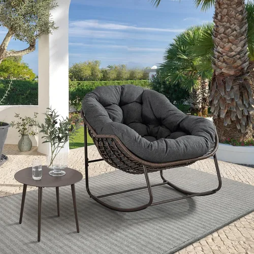 Vista 14 de Juego de 2 mecedoras para exteriores, silla mecedora de huevos de mimbre de gran tamaño, para interiores y exteriores, cómoda silla mecedora con Gris