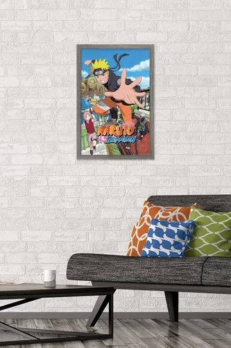 Vista 2 de Trends International Naruto Shippuden - Póster de pared de salto, 14.725 x 22.375 pulgadas, versión enmarcada de madera de granero