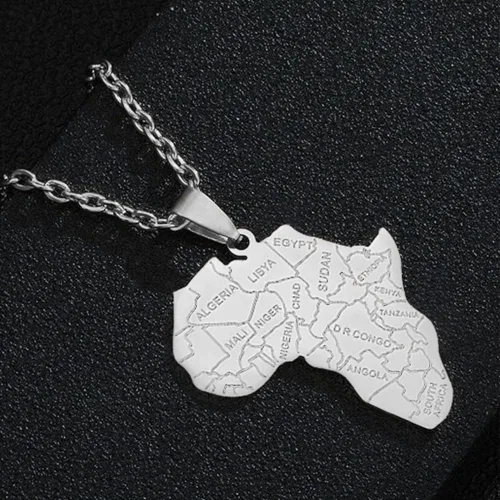 Vista 3 de NIGHTCRUZ Collar de mapa africano, borde nacional africano colgante de acero inoxidable