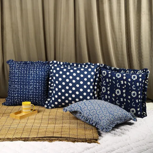 Vista 2 de Trade Star Juego de 4 fundas de almohada 100% algodón índigo, con volantes, súper suaves, altamente duraderas, hechas a mano, juego de 4 fundas