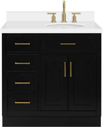 Vista 21 de ARIEL Hepburn - Tocador de baño de 30 pulgadas con fregadero, madera maciza, encimera y protector contra salpicaduras de cuarzo blanco puro de 1.5