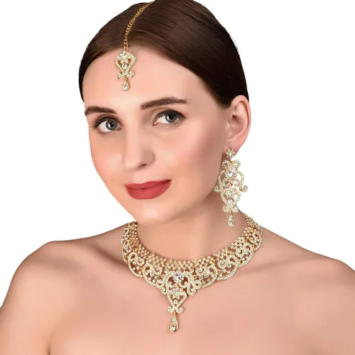 Vista 2 de Conjunto precioso de collar con look real Indian Bollywood, maravillosamente decorado, conjunto de collar adornado para mujer.