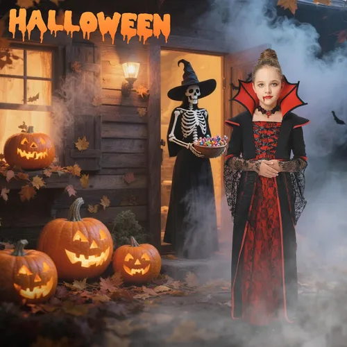 Vista 4 de Disfraz de vampiro de Halloween para niñas, disfraz real, vestido de reina medieval noble de Halloween