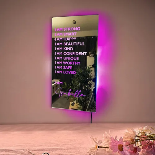 Vista 4 de Espejo de luz LED de neón personalizada de Affirmations "I Am - Decoración de pared con nombre personalizado para dormitorio, espejo LED
