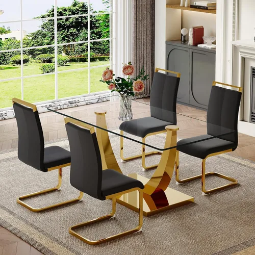 Vista 13 de Juego de mesa de comedor de cristal de 63 pulgadas para 4, mesa de comedor para 4, mesa de comedor con patas y base de acero inoxidable, sillas