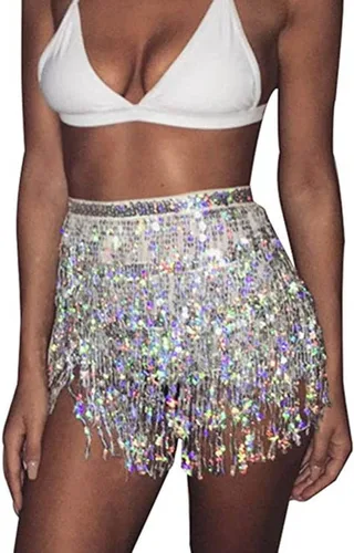 Vista 8 de Kakaco Falda de danza del vientre para mujer, faldas de flecos con lentejuelas, falda brillante de cadera, falda de fiesta de moda