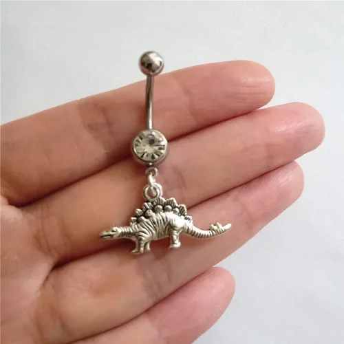 Vista 2 de 3pcs Punk Dinosaur Dangle Pendant Belly Button Ring, Tiny Velociraptor Charm Stainless Steel 14 Gauge Navel Barbell Ring