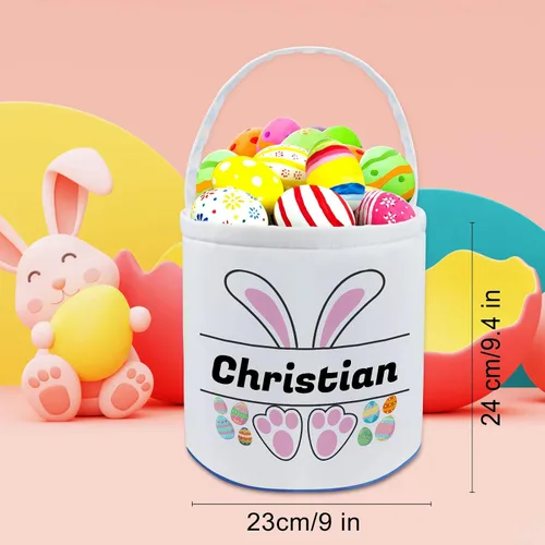 Vista 3 de Cesta de Pascua personalizada con nombre para niñas, niños y niños, cesta de Pascua personalizada bolsas de regalo para caza de huevos de Pascua