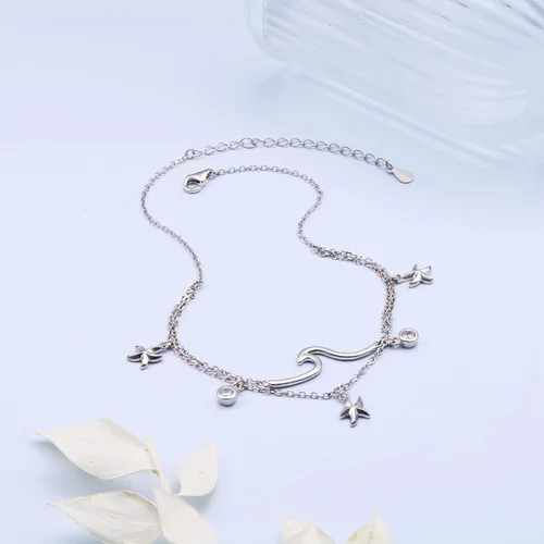 Vista 4 de Tobillera ondulada para mujer, de plata de ley S925, ajustable, con estrellas de mar en capas, océano, playa, mar, tobillera
