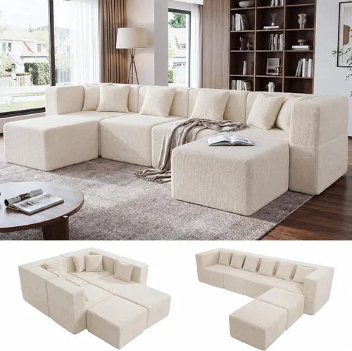 Vista 37 de MONVANE Sofá seccional deshuesado en forma de L de gran tamaño, chenilla Chenille-beige