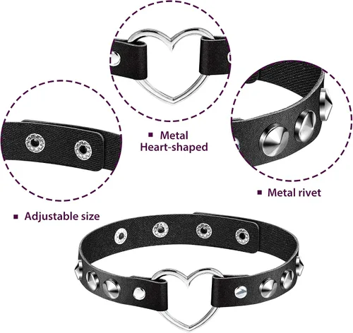Vista 4 de Gargantilla de cuero con tema en forma de corazón de 6 piezas, gargantilla gótica punk ajustable de cuero de la PU (negro), Cuero sintético