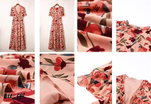 Vista 4 de BLENCOT Vestido largo casual de manga corta para mujer, estilo bohemio, estampado floral, cuello en V, fruncido, cóctel, fiesta, maxi vestidos