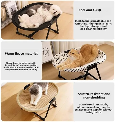 Vista 5 de Elevated Cat Hammock Bed for Indoor and Outdoor Use, Foldable Raised Pet Cot with Breathable Cooling Mesh, Portable No-Assembly Kitten Lounge for