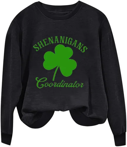 Vista 3 de Olivcker Camiseta del Día de San Patricio para mujer, de manga larga, con estampado de trébol, cuello redondo, camisetas gráficas de trébol