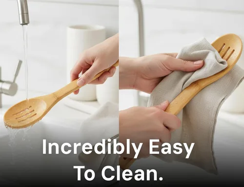 Vista 7 de Cucharas de bambú para cocinar - Juego de 8 cucharas con soporte - Cucharas de cocina de madera - Utensilios de cocina de bambú no tóxicos