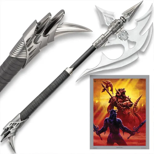 Vista 2 de Kit Rae Black Legion War Axe - Edición especial, hoja de acero inoxidable 420 de 19 1/2 pulgadas, agarre envuelto en cuero, accesorios de metal