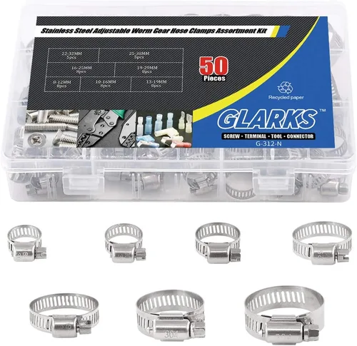 Vista 6 de Glarks Kit surtido de abrazaderas de manguera de engranaje helicoidal ajustable de 50 piezas de 0.315-1.496 in de rango de acero inoxidable