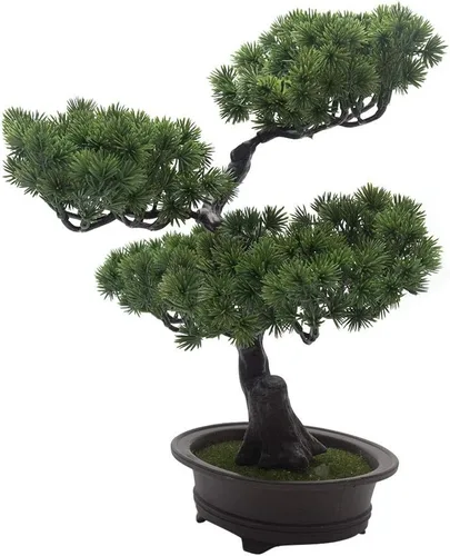 Vista 6 de Árbol de pino bonsái artificial, planta sintética de 11 pulgadas en maceta, adornos falsos para maceta, planta de bonsái de cedro japonés