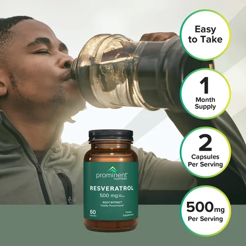 Vista 3 de Prominent Nutrition Suplemento de resveratrol, antienvejecimiento y apoyo inmunológico, suplemento de trans-resveratrol 98% puro, 500 mg, suministro