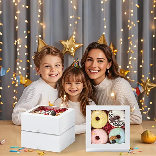 Vista 6 de 20 cajas de panadería blancas con ventana de 6 x 6 x 2.5 pulgadas, cajas de chocolate pequeñas para pasteles, macarrones, pasteles y trufas