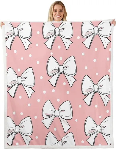 Vista 25 de Manta de franela de forro polar con lazos rosados femeninos de 40 x 50 pulgadas, manta mullida de corazones para el día de San Valentín para sofá