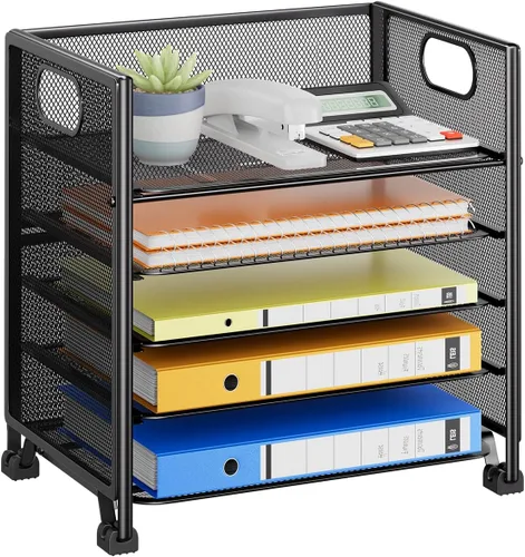 Vista 9 de Simple Trending – Organizador de archivos de escritorio de malla metálica de 5 niveles, bandejas para papel tamaño carta con cajón deslizante