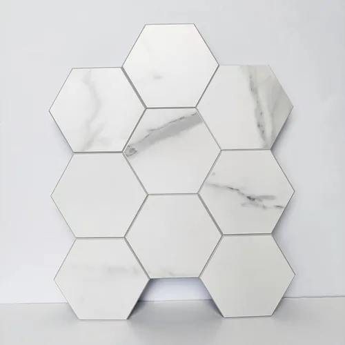 Vista 13 de COLAMO Azulejos hexagonales de piedra de Carrara blanca sintética para salpicaduras de cocina, azulejos adhesivos para decoración interior, mosaico